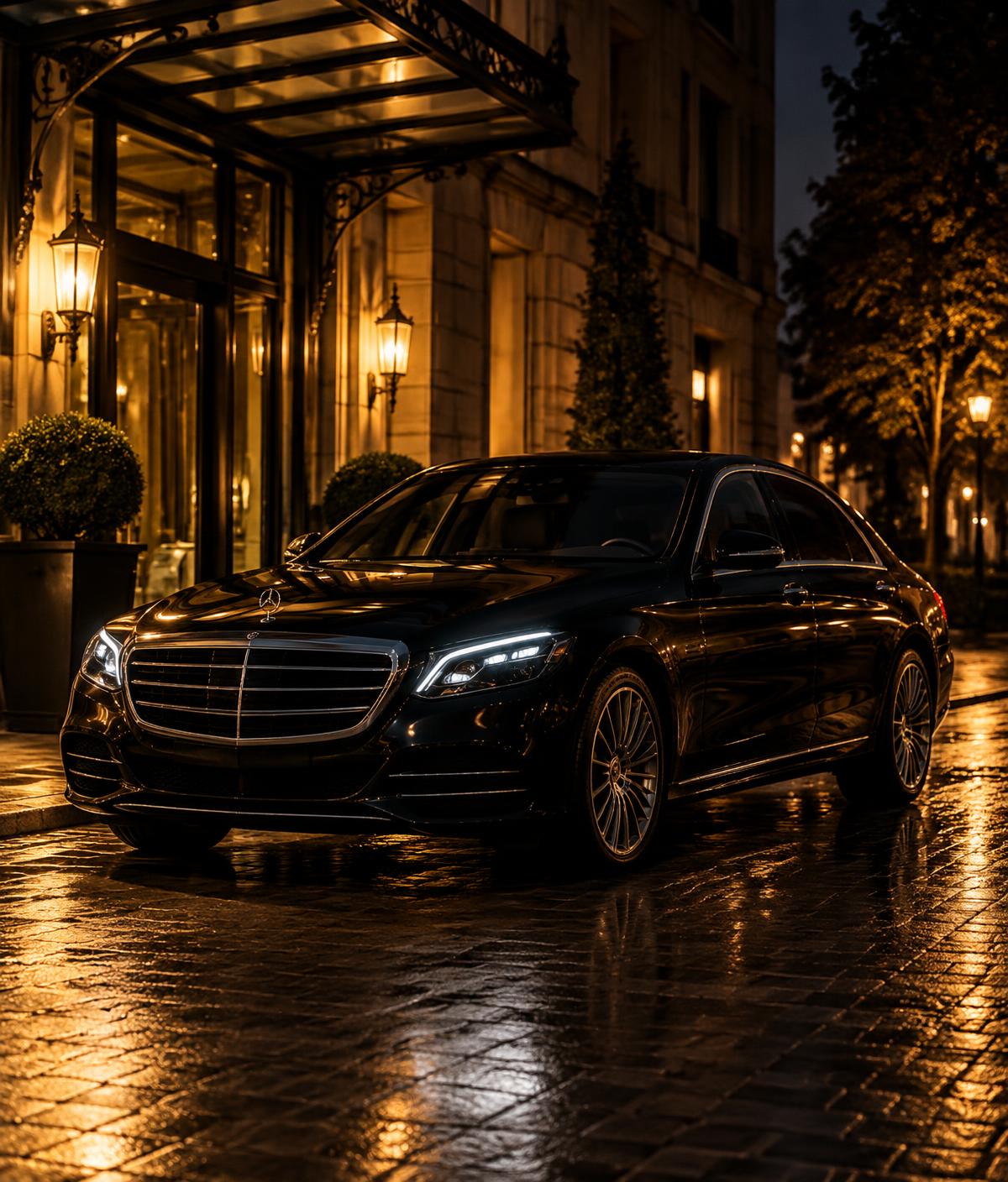 Black executive sedan ready for private chauffeur transportation